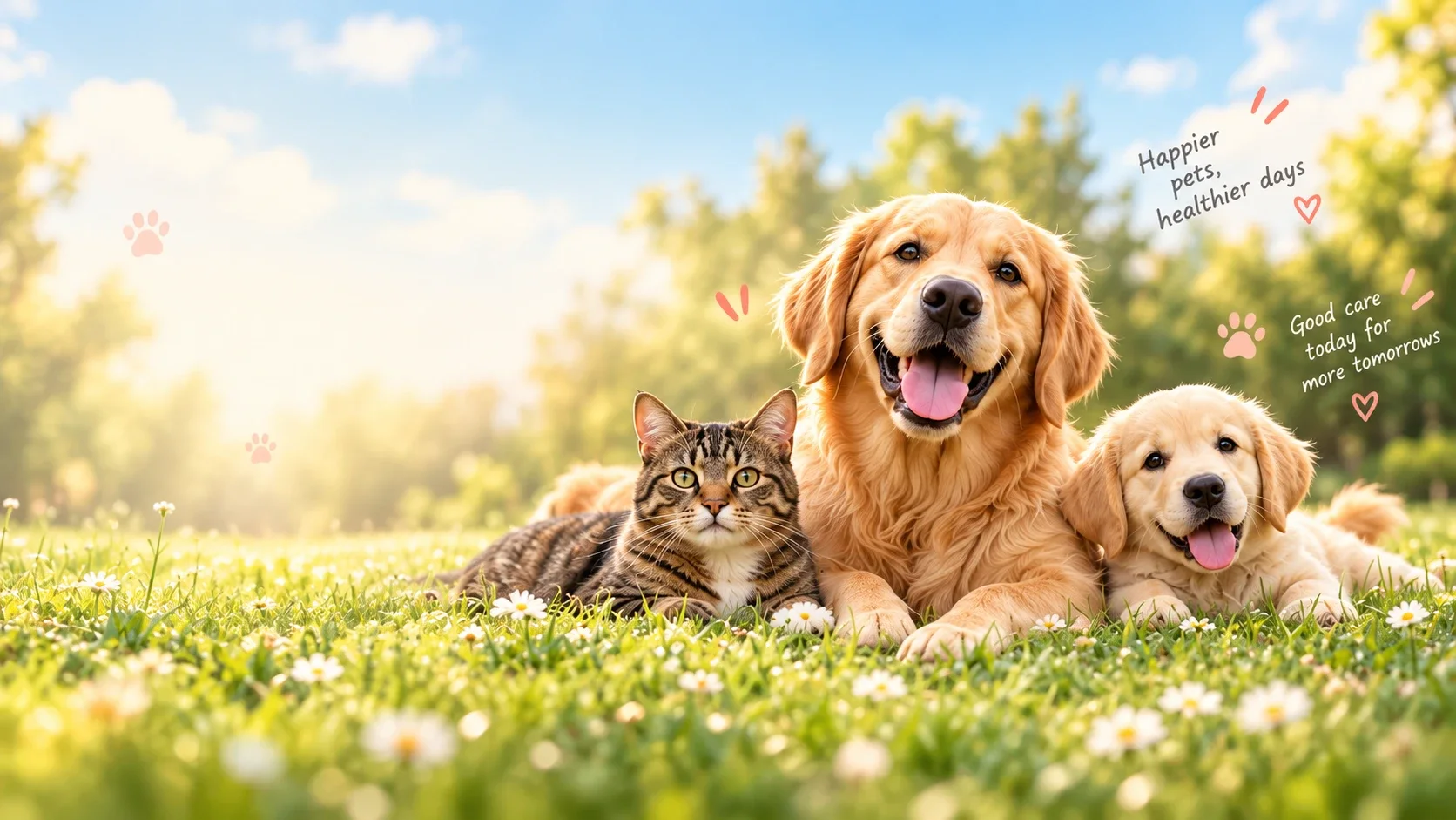 Milo, a golden retriever, resting in a sunny meadow with a tabby cat and a golden puppy