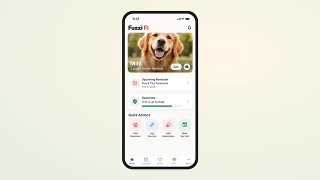 The Fuzzi Fi home screen showing Milo’s profile card, an upcoming flea and tick reminder and vaccine progress
