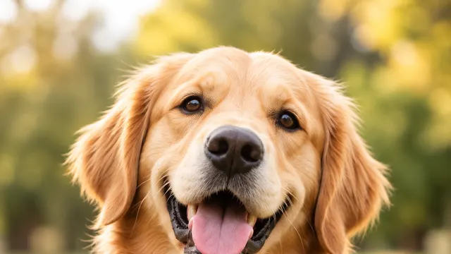 A golden retriever standing outdoors on a sunny day