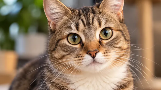 A tabby cat looking toward the camera.